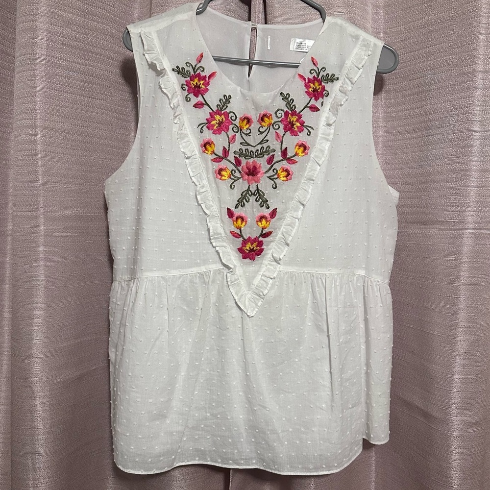 White Floral Embroidered Ruffle Polka Dot Sleeveless Top